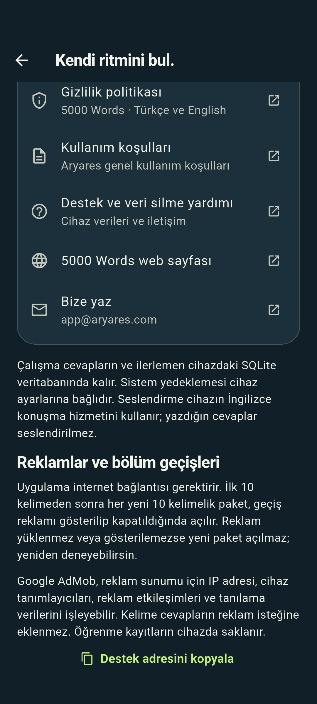 5000 Words - Android Gizlilik ve destek