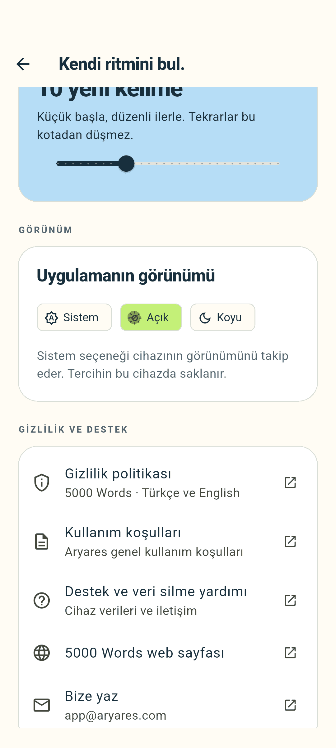 5000 Words - Android Açık görünüm ayarları