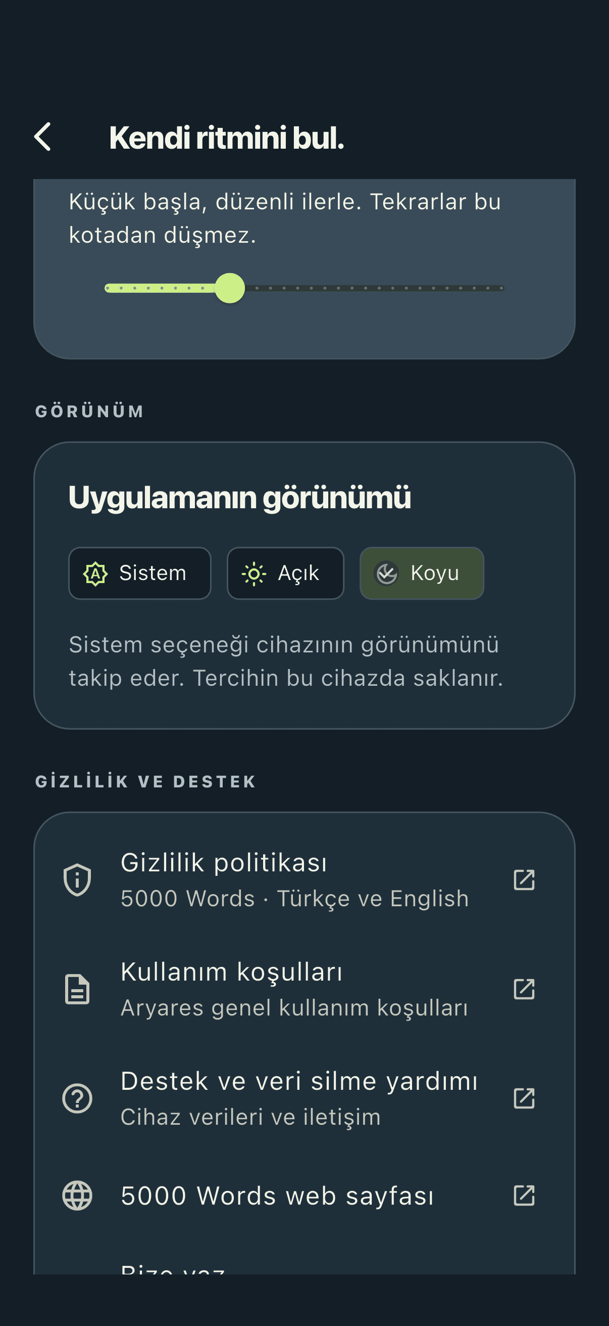 5000 Words - iOS Koyu görünüm ayarları