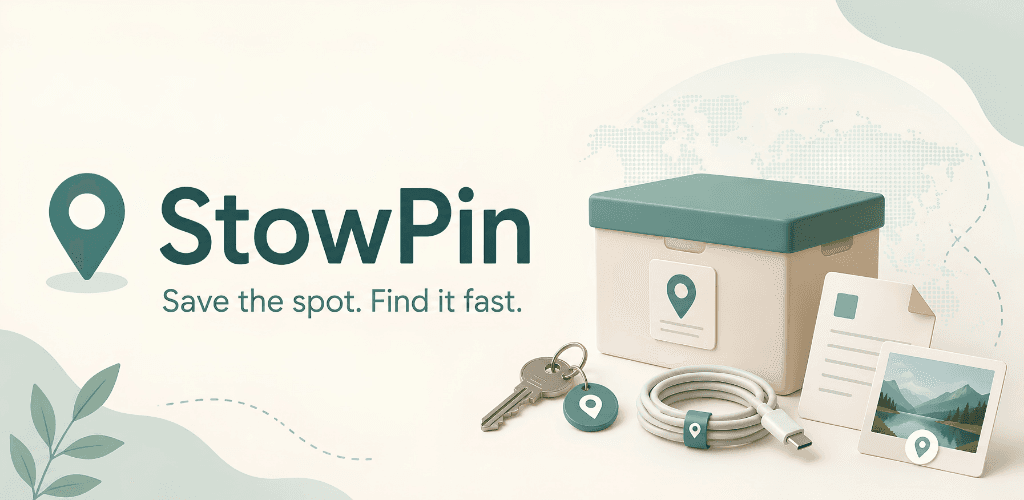 StowPin feature graphic with the tagline Save the spot. Find it fast.