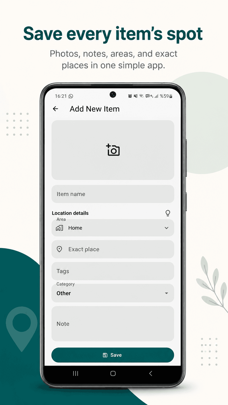 StowPin add item screen with photo, location, tags and note fields
