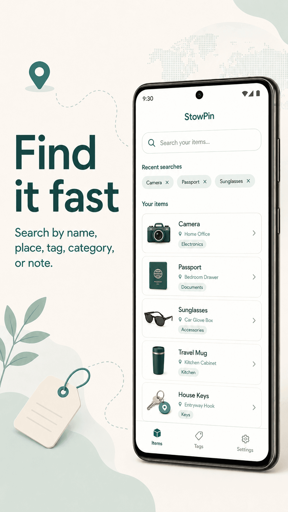 StowPin search screen showing saved items and recent searches