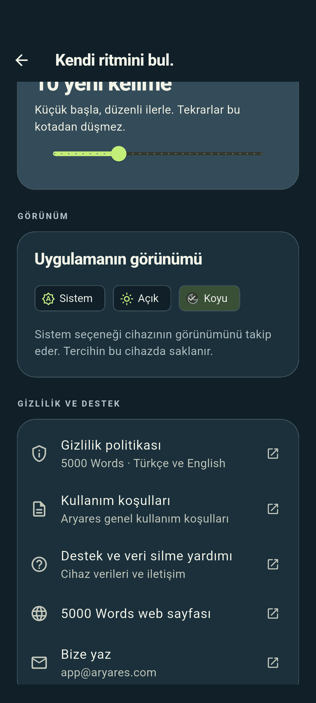 Android'de 5000 Words koyu görünüm ayarları