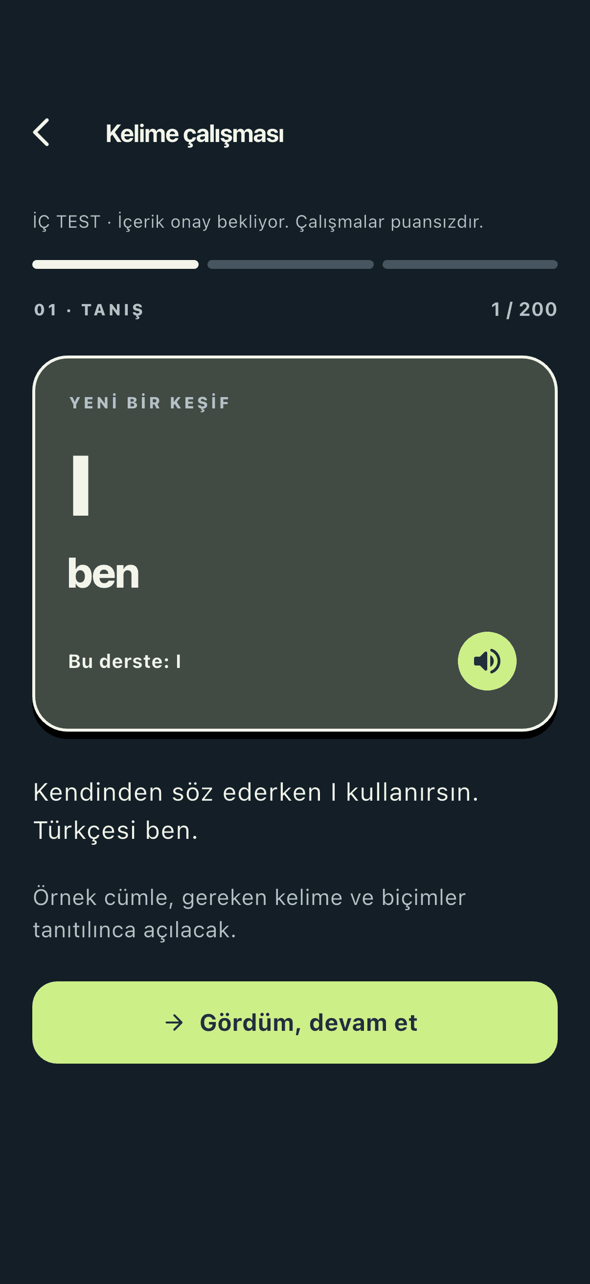 5000 Words koyu görünümde kelimeyle tanışma ekranı