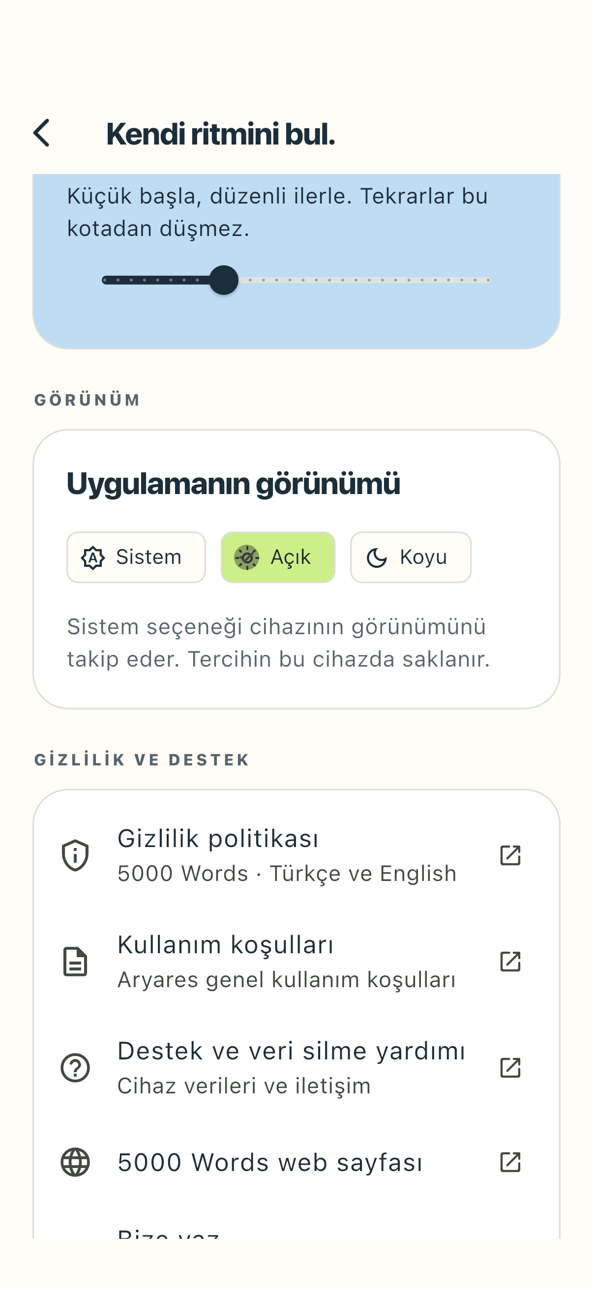 iOS'ta 5000 Words açık görünüm ayarları