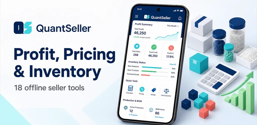 QuantSeller mobile production, inventory and seller tools feature graphic
