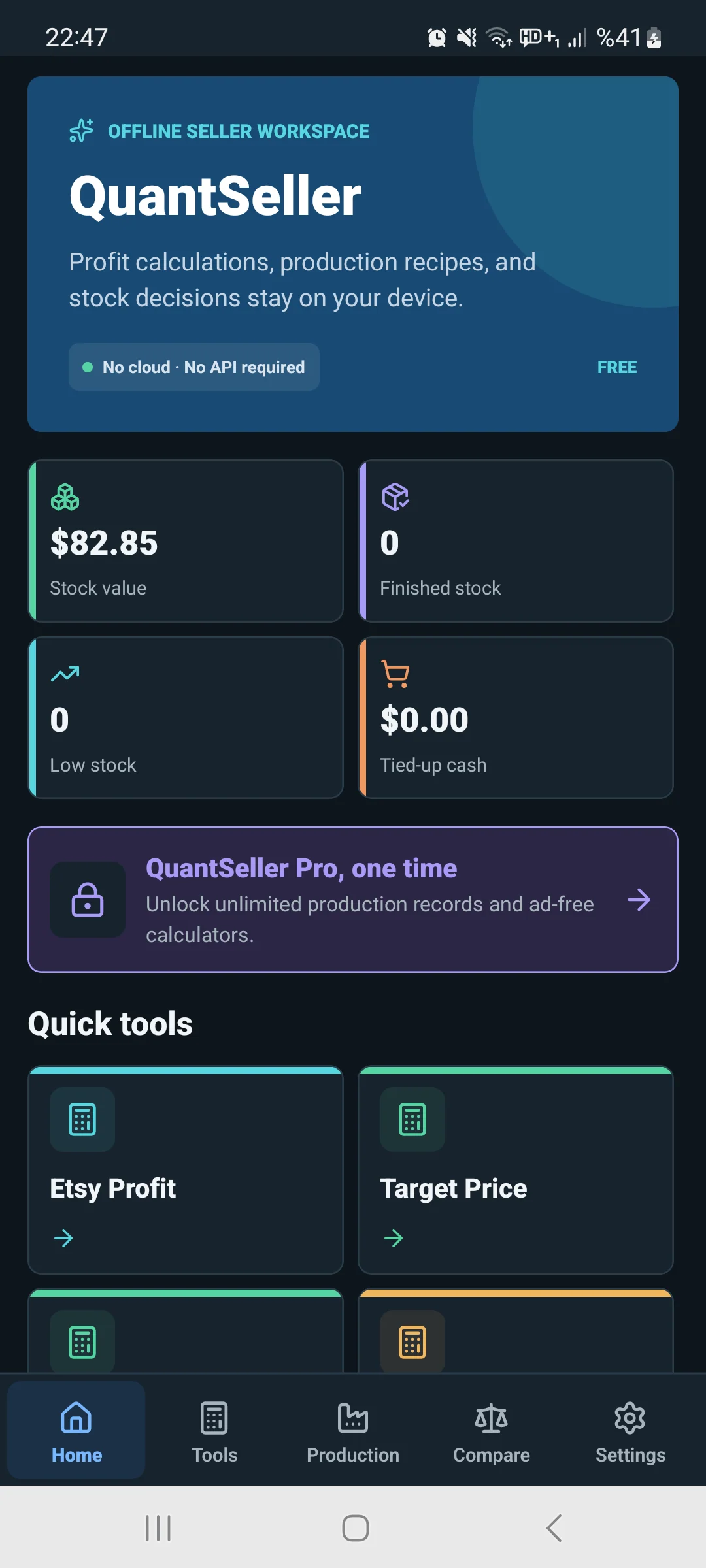 QuantSeller local workspace dashboard on Android