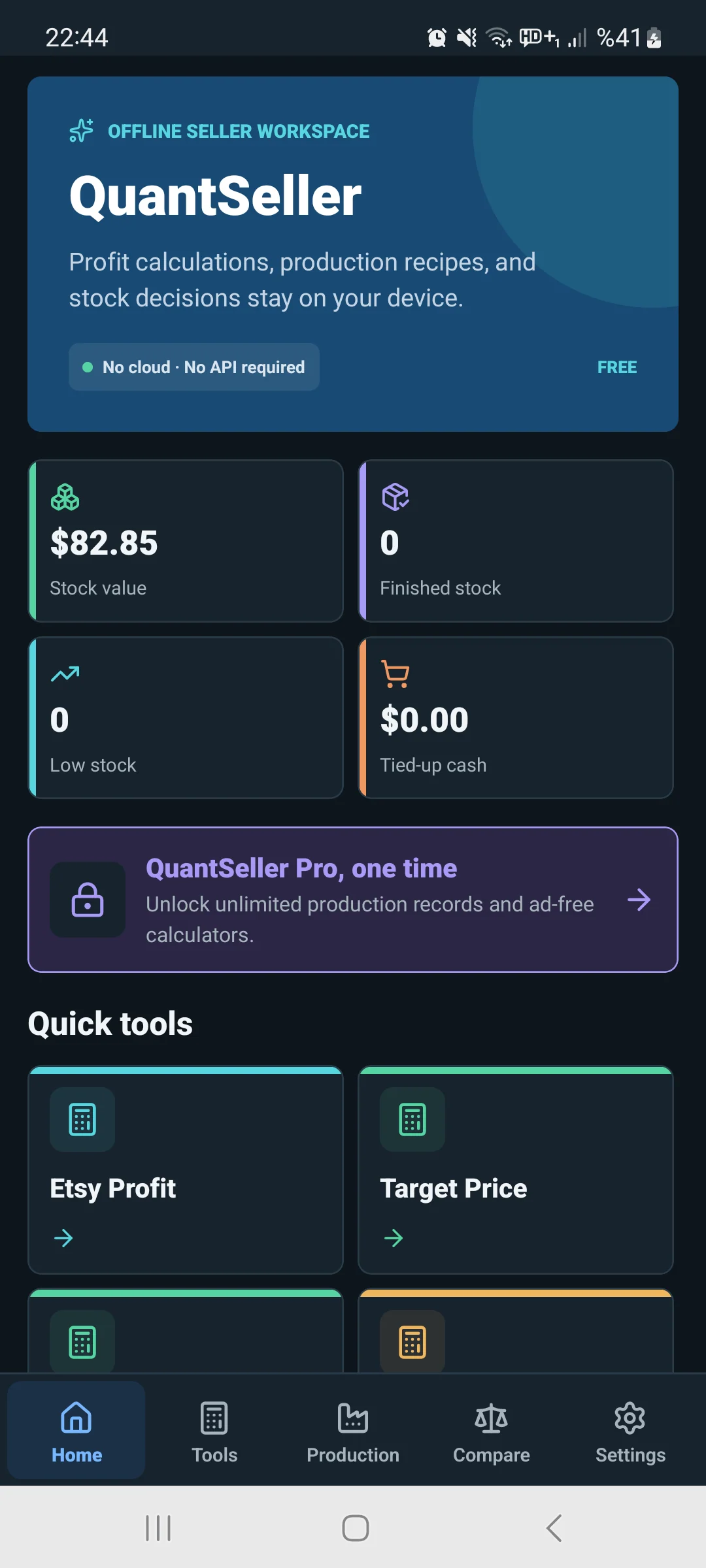 QuantSeller mobile home screen with seller calculators, stock value and production tools